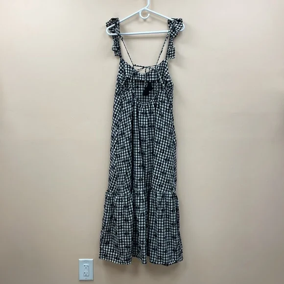 NWT Madewell Gingham Print Ruffle Hem Tent Midi Dress Preppy Black White Size 10 - Picture 8 of 14